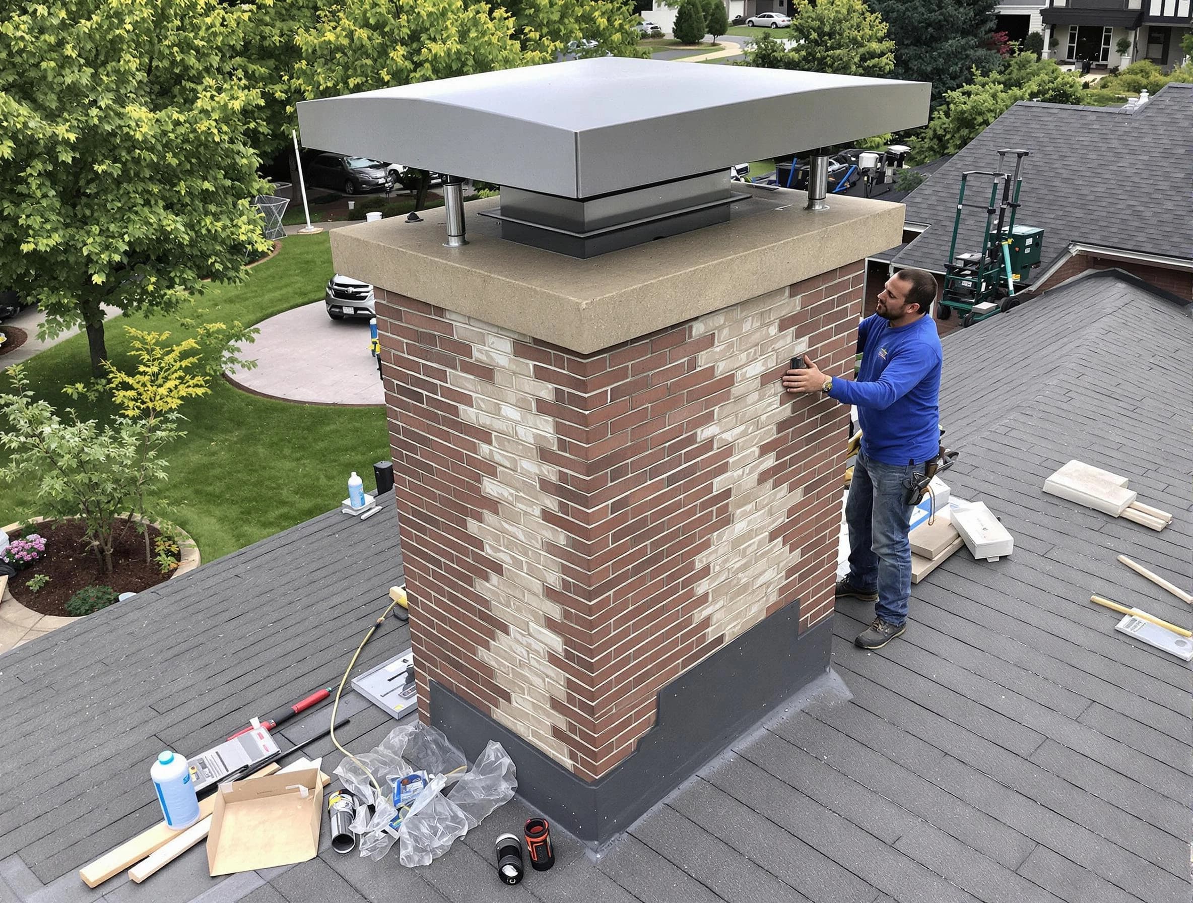 Stonegate Chimney Sweep team working on a custom chimney remodel in Stonegate, CO